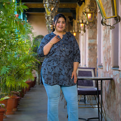 Women Blue Cotton Printed Short Top with Round Neck (Plus Size)