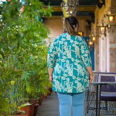 Women Teal Cotton Printed Short Top with Round Neck (Plus Size)