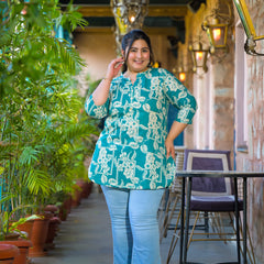 Women Teal Cotton Printed Short Top with Round Neck (Plus Size)