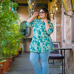 Women Teal Cotton Printed Short Top with Round Neck (Plus Size)