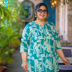 Women Teal Cotton Printed Short Top with Round Neck (Plus Size)
