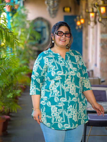 Women Teal Cotton Printed Short Top with Round Neck (Plus Size)