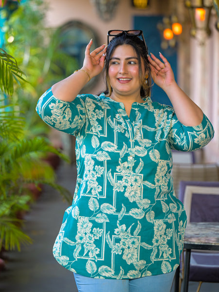 Women Teal Cotton Printed Short Top with Round Neck (Plus Size)