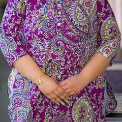 Women Purple Rayon Printed Short Top with V-Neck (Plus Size)