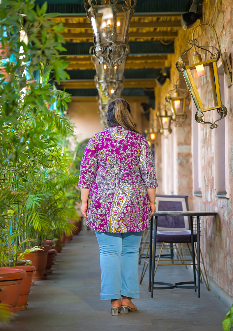 Women Purple Rayon Printed Short Top with V-Neck (Plus Size)