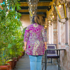 Women Purple Rayon Printed Short Top with V-Neck (Plus Size)