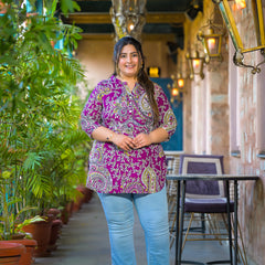 Women Purple Rayon Printed Short Top with V-Neck (Plus Size)