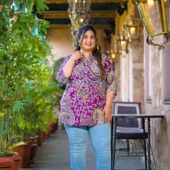 Women Purple Rayon Printed Short Top with V-Neck (Plus Size)