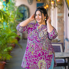 Women Purple Rayon Printed Short Top with V-Neck (Plus Size)