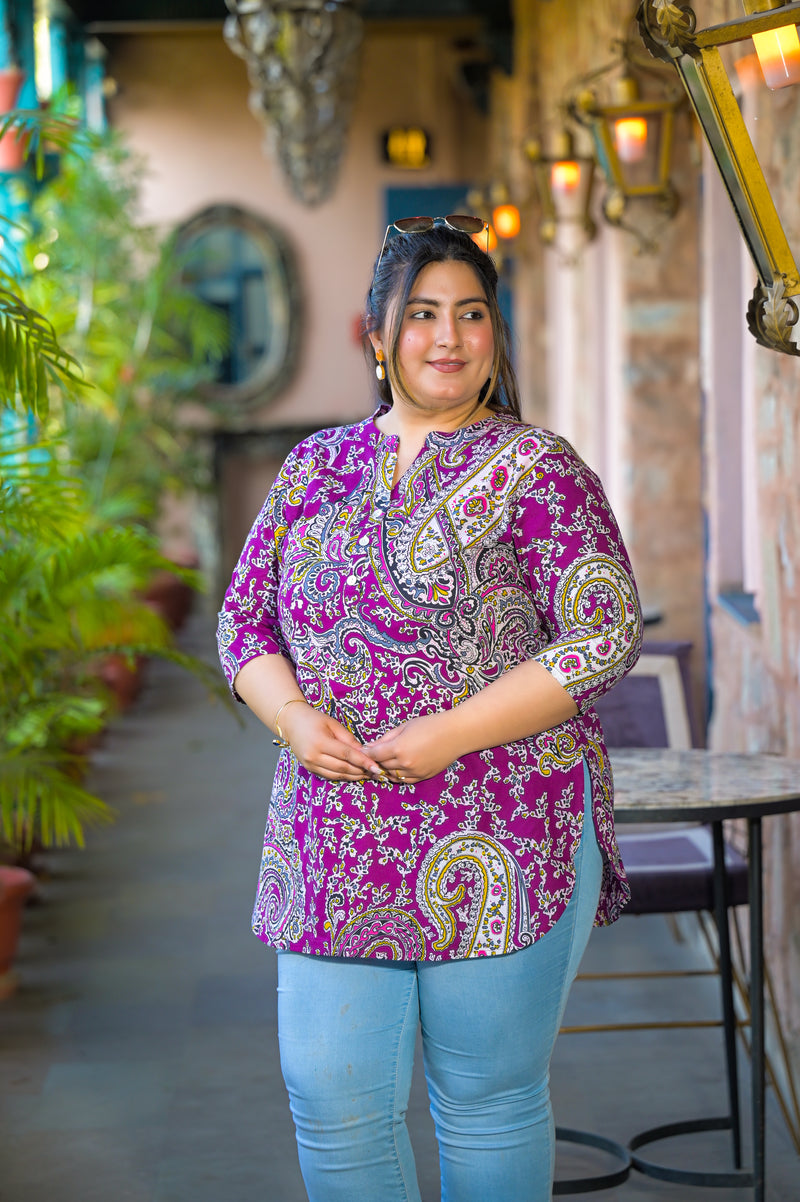 Women Purple Rayon Printed Short Top with V-Neck (Plus Size)