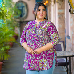 Women Purple Rayon Printed Short Top with V-Neck (Plus Size)