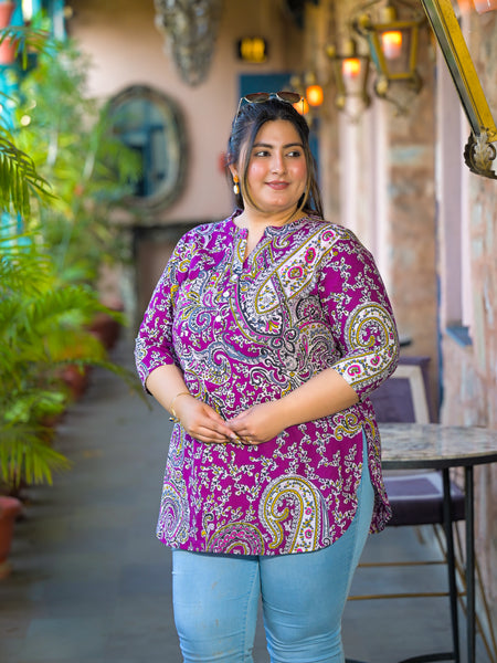 Women Purple Rayon Printed Short Top with V-Neck (Plus Size)