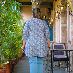 Women Grey Blue Cotton Printed Short Top with V-Neck (Plus Size)