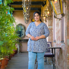 Women Grey Blue Cotton Printed Short Top with V-Neck (Plus Size)