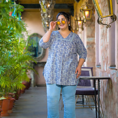 Women Grey Blue Cotton Printed Short Top with V-Neck (Plus Size)
