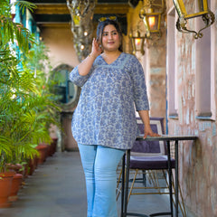 Women Grey Blue Cotton Printed Short Top with V-Neck (Plus Size)