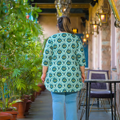 Women Teal Cotton Printed Short Top with V-Neck (Plus Size)