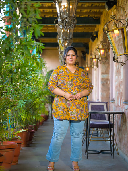 Women Yellow Cotton Printed Short Top with V-Neck (Plus Size)