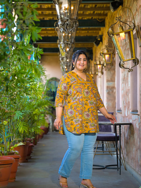 Women Yellow Cotton Printed Short Top with V-Neck (Plus Size)