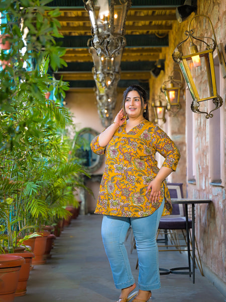 Women Yellow Cotton Printed Short Top with V-Neck (Plus Size)