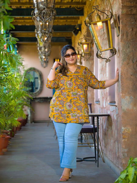 Women Yellow Cotton Printed Short Top with V-Neck (Plus Size)
