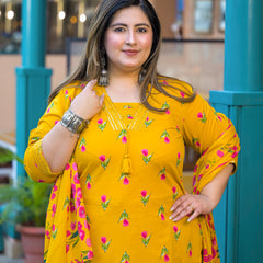 Mustard Printed Cotton Kurta Pant Dupatta Set for Women (Plus Size)