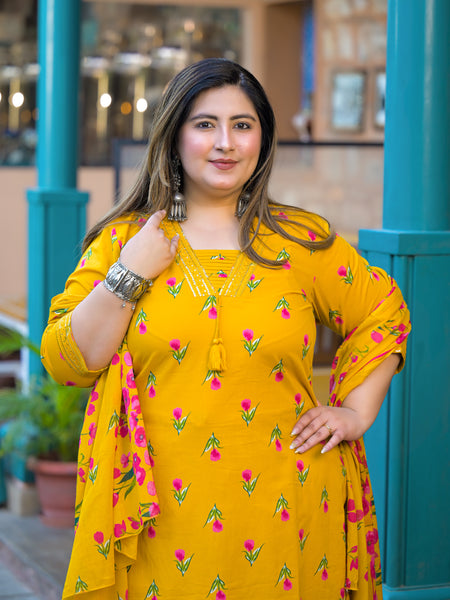 Mustard Printed Cotton Kurta Pant Dupatta Set for Women (Plus Size)