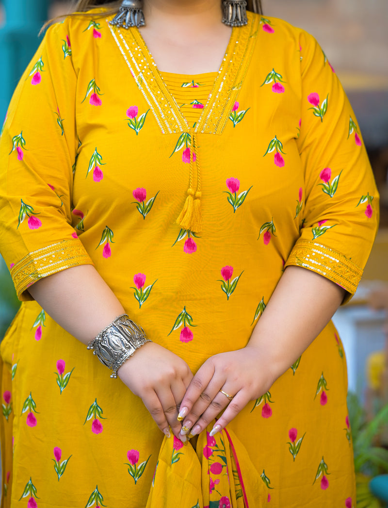 Mustard Printed Cotton Kurta Pant Dupatta Set for Women (Plus Size)
