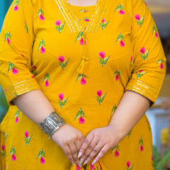 Mustard Printed Cotton Kurta Pant Dupatta Set for Women (Plus Size)