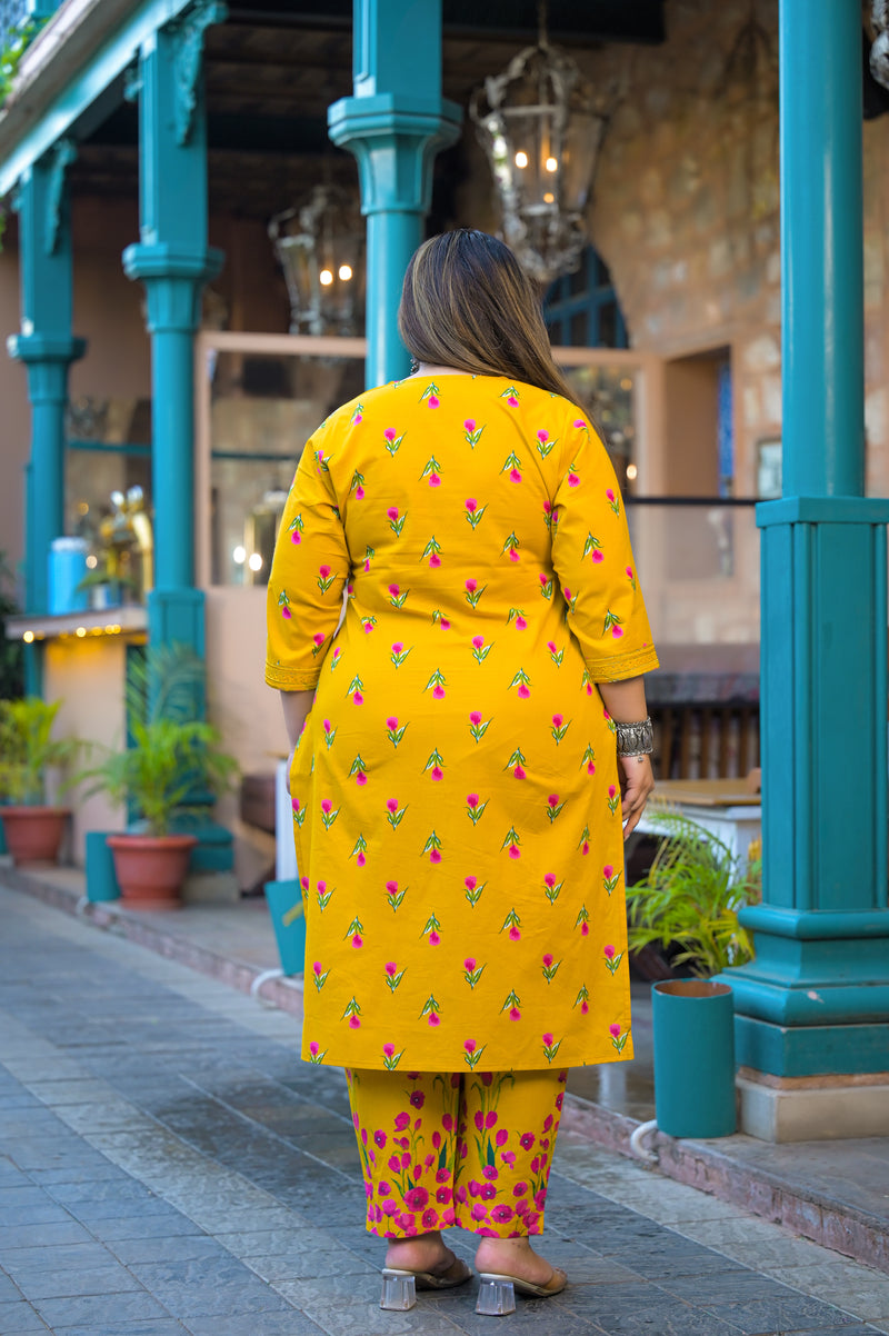 Mustard Printed Cotton Kurta Pant Dupatta Set for Women (Plus Size)