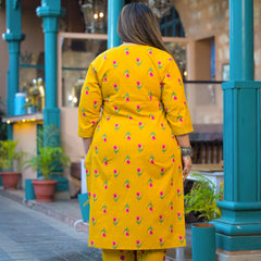 Mustard Printed Cotton Kurta Pant Dupatta Set for Women (Plus Size)