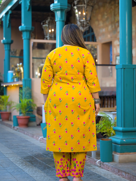Mustard Printed Cotton Kurta Pant Dupatta Set for Women (Plus Size)