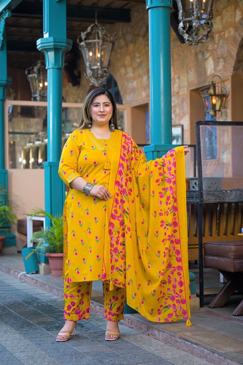 Mustard Printed Cotton Kurta Pant Dupatta Set for Women (Plus Size)