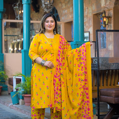 Mustard Printed Cotton Kurta Pant Dupatta Set for Women (Plus Size)