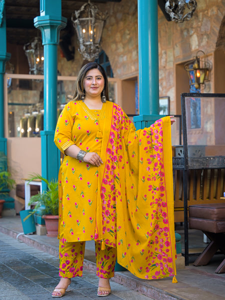 Mustard Printed Cotton Kurta Pant Dupatta Set for Women (Plus Size)