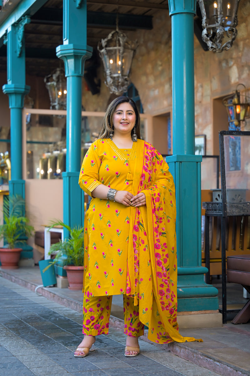 Mustard Printed Cotton Kurta Pant Dupatta Set for Women (Plus Size)