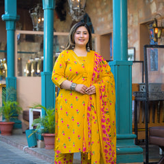 Mustard Printed Cotton Kurta Pant Dupatta Set for Women (Plus Size)