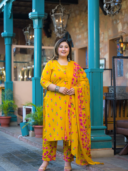 Mustard Printed Cotton Kurta Pant Dupatta Set for Women (Plus Size)