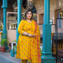 Mustard Printed Cotton Kurta Pant Dupatta Set for Women (Plus Size)