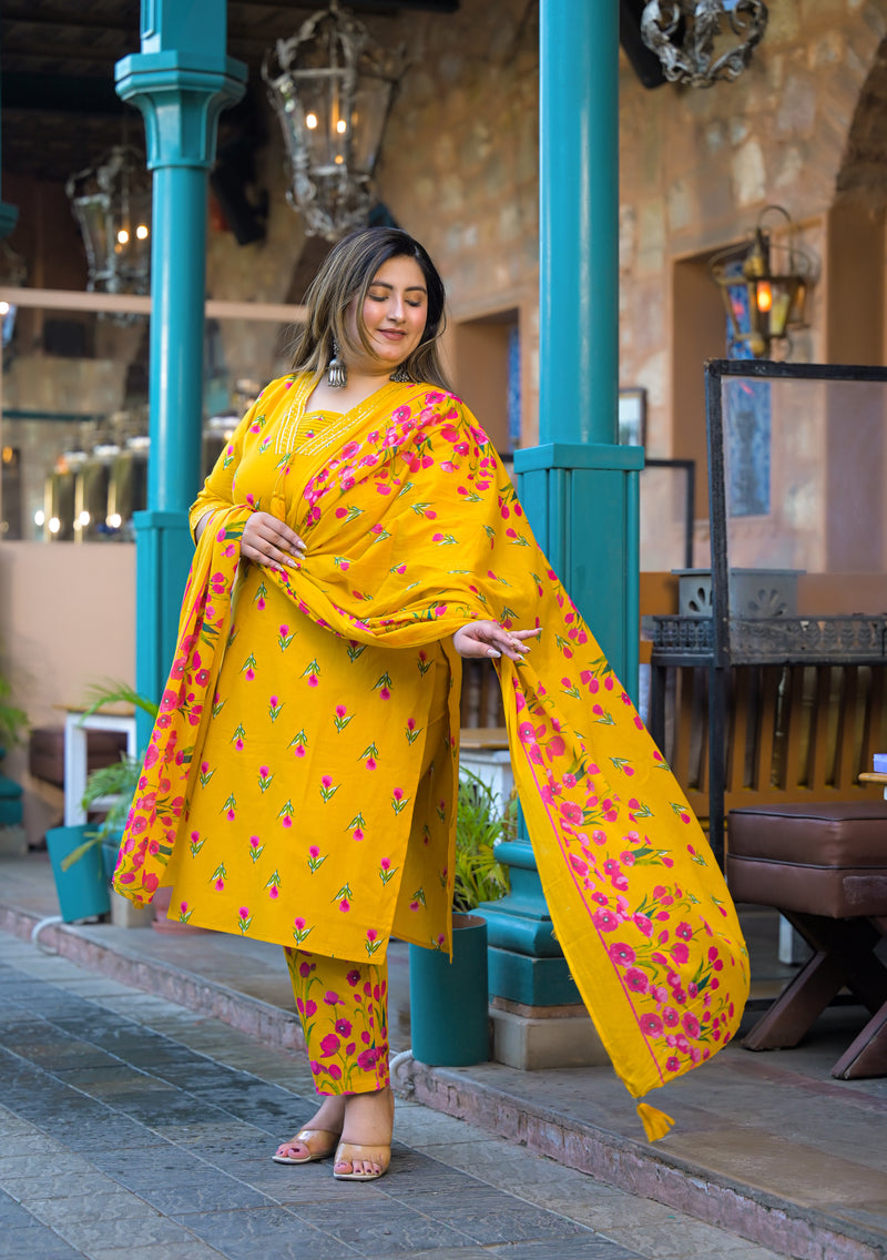 Mustard Printed Cotton Kurta Pant Dupatta Set for Women (Plus Size)