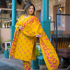 Mustard Printed Cotton Kurta Pant Dupatta Set for Women (Plus Size)