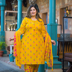 Mustard Printed Cotton Kurta Pant Dupatta Set for Women (Plus Size)