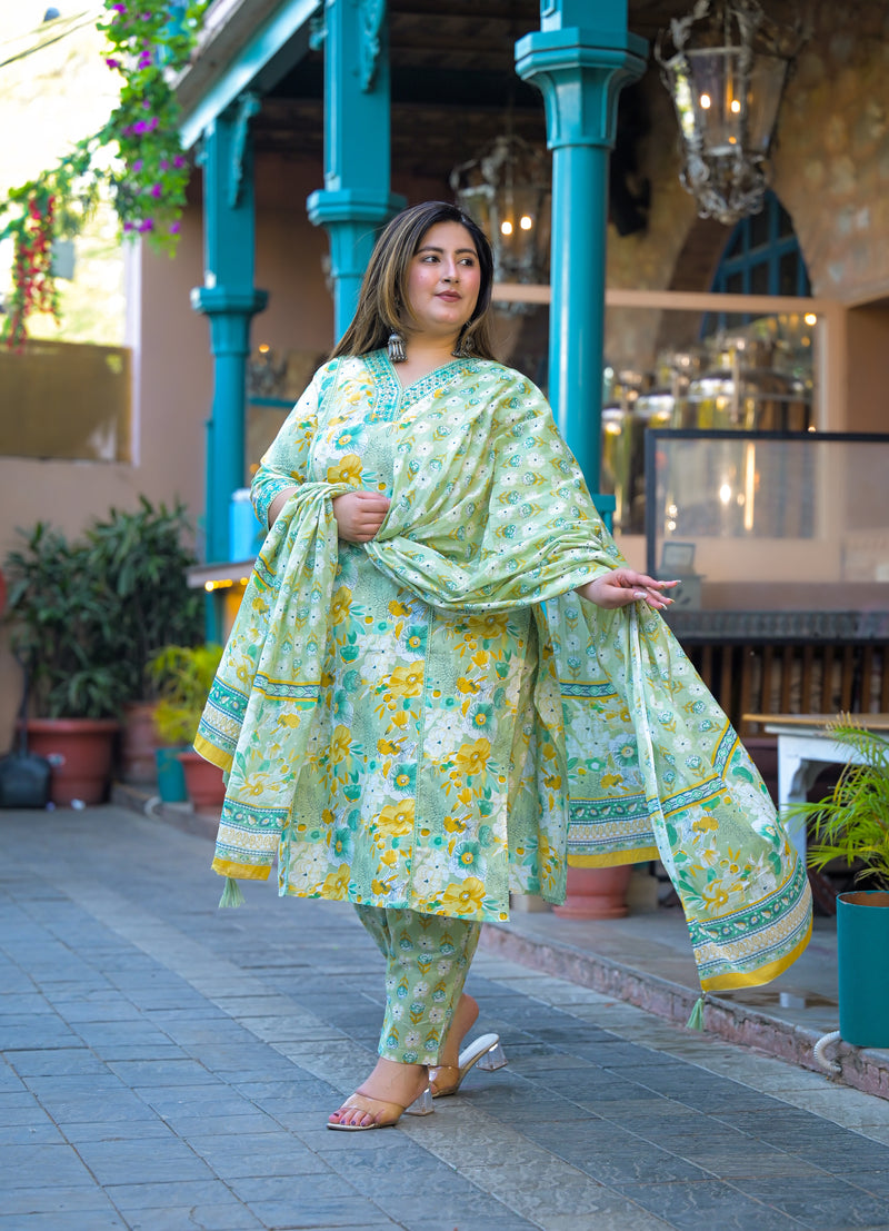 Teal Printed Cotton Kurta Pant Dupatta Set for Women (Plus Size)