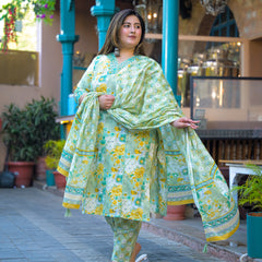 Teal Printed Cotton Kurta Pant Dupatta Set for Women (Plus Size)