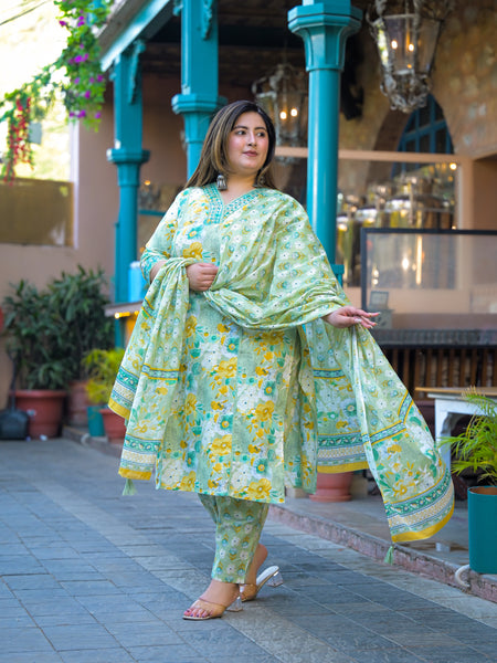 Teal Printed Cotton Kurta Pant Dupatta Set for Women (Plus Size)
