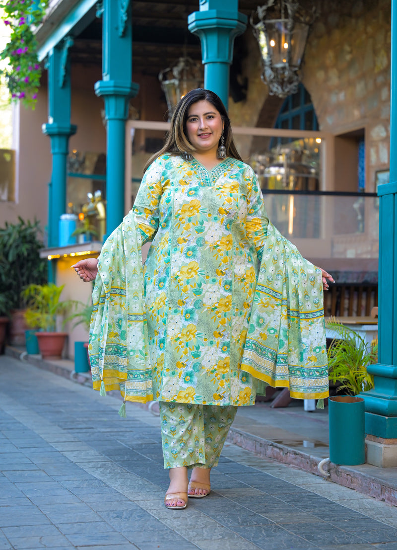 Teal Printed Cotton Kurta Pant Dupatta Set for Women (Plus Size)