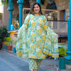 Teal Printed Cotton Kurta Pant Dupatta Set for Women (Plus Size)