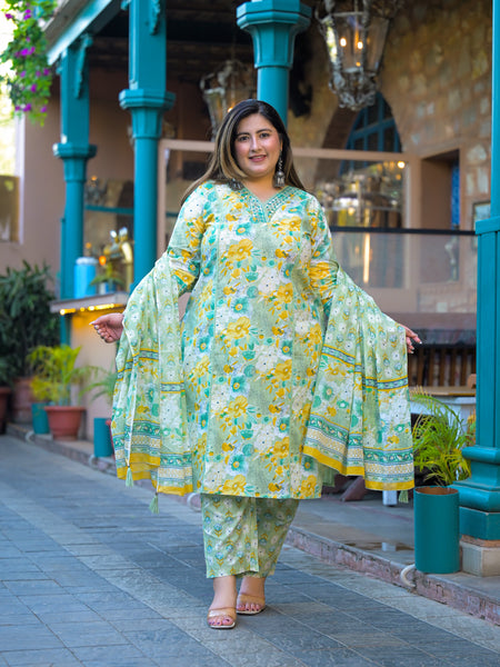 Teal Printed Cotton Kurta Pant Dupatta Set for Women (Plus Size)