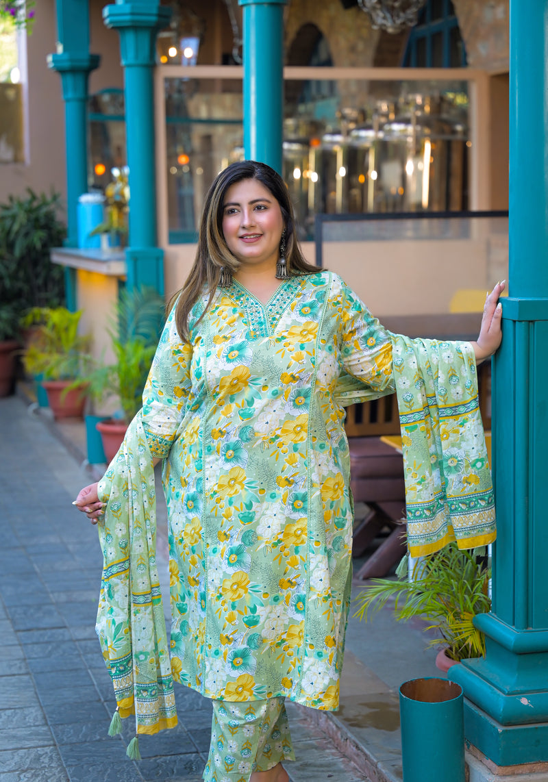 Teal Printed Cotton Kurta Pant Dupatta Set for Women (Plus Size)