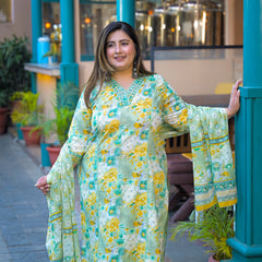 Teal Printed Cotton Kurta Pant Dupatta Set for Women (Plus Size)